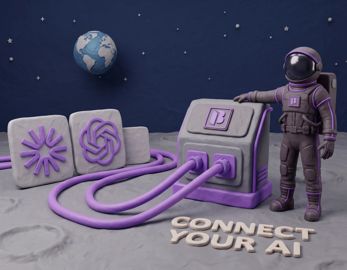 Clay illustration of two AI assistant logos on clay tiles, plugged by thick clay cables into a Blanket console tended by a Blanket astronaut