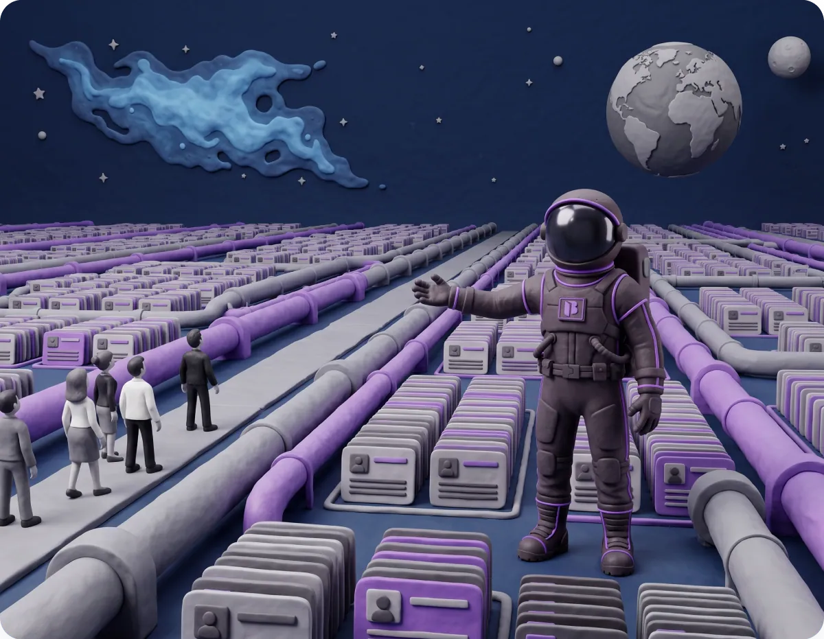 Clay illustration of an endless conveyor of pipelines stretching to the horizon, tended by a Blanket astronaut