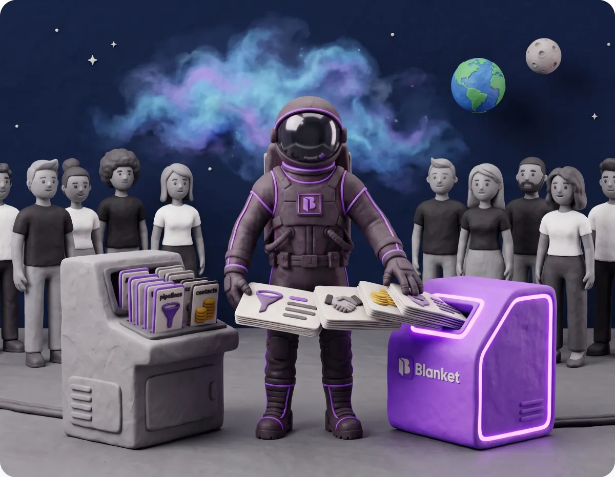 Clay illustration of a Blanket astronaut moving folders from a grey legacy machine into a glowing purple Blanket box in one motion