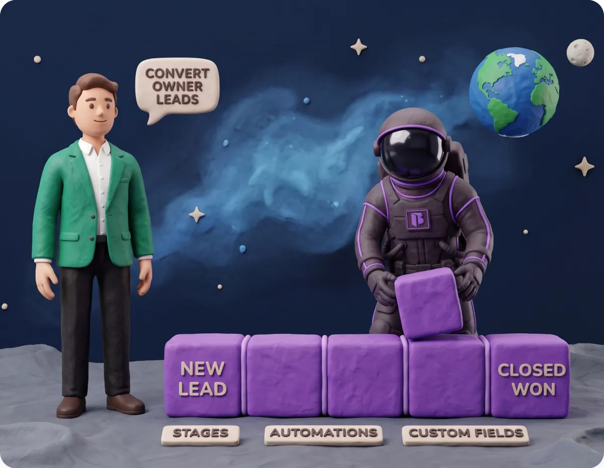 Clay illustration of a person describing a goal to a Blanket astronaut who assembles pipeline stages like building blocks