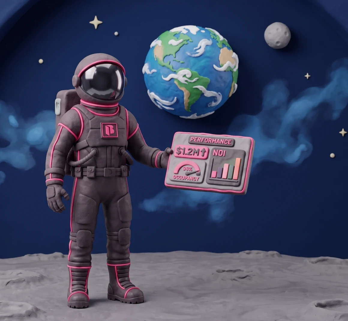 Clay illustration of the Super PM astronaut presenting a rising portfolio performance chart
