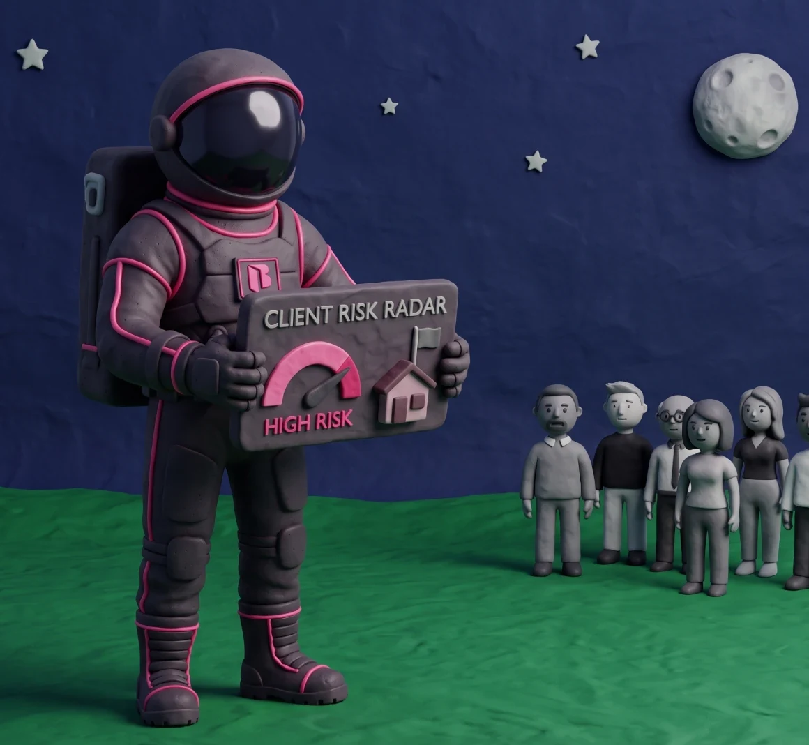 Clay illustration of the Super PM astronaut watching over a group of property owners