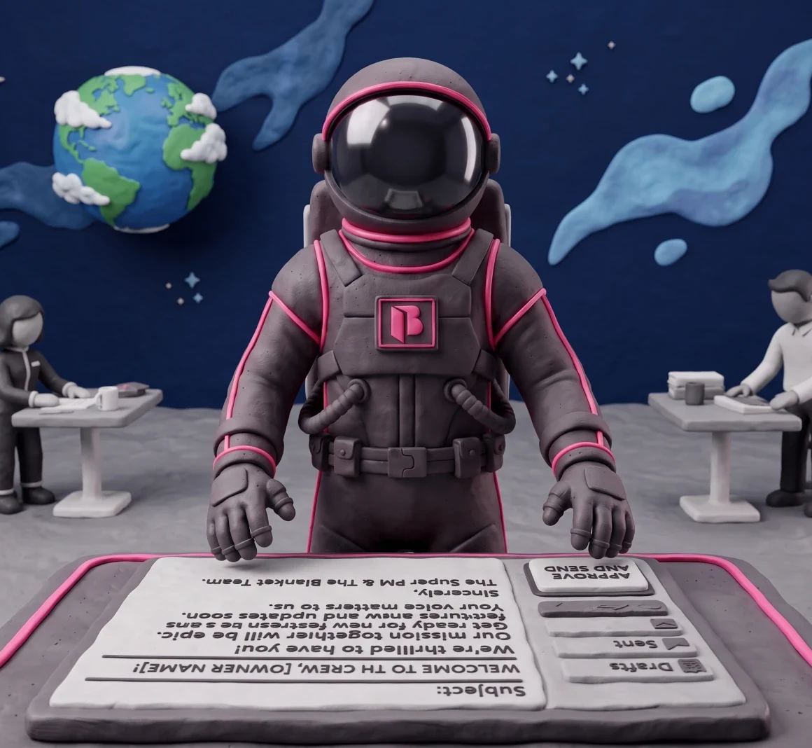 Clay illustration of the Super PM astronaut delivering personalized letters to owners