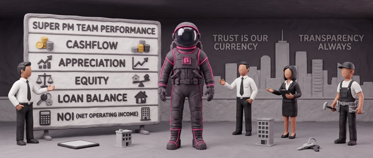 Clay illustration of a property manager running an annual review on the Asset Management Dashboard