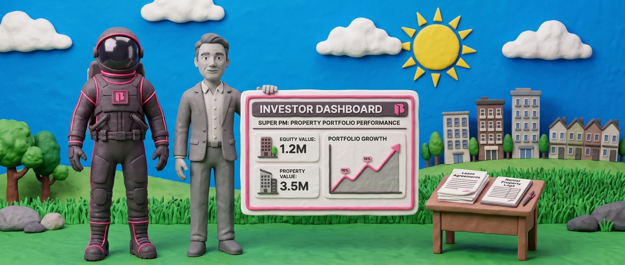 Clay illustration of owners reviewing their branded Investor Dashboard
